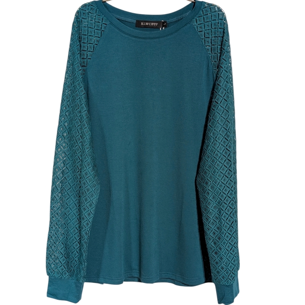 ✨ NWT Teal Long Sleeve Top with Crochet Lace Detail Size Large KLWCJFFF✨